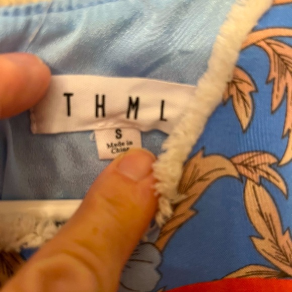 THML Anthropologie Blue Floral Fringed Trim Ruffled Cap Sleeve Short Dress - Picture 4 of 4